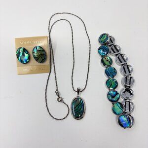 Abalone Shell Jewelry Set Pendant Necklace 925 Sterling Silver Earrings Bracelet